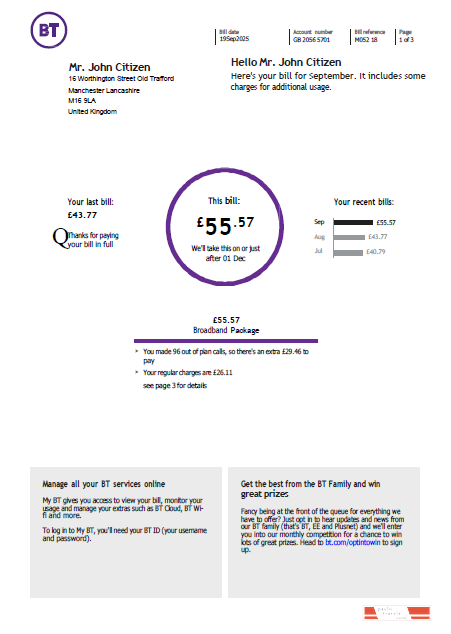 United Kingdom BT utility bill template in Word and PDF formats